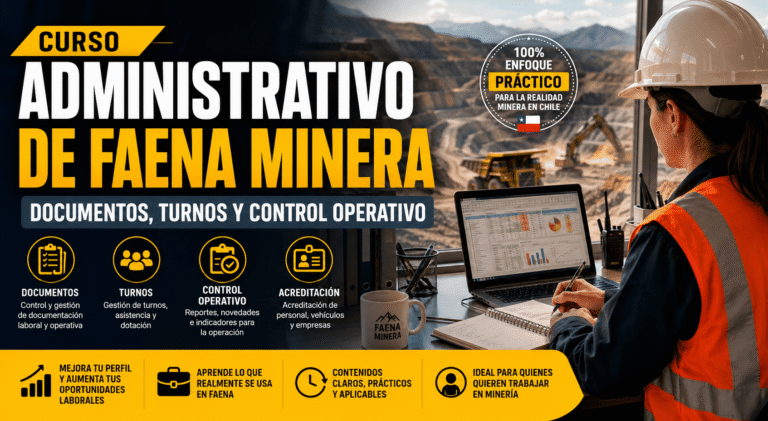 Curso Administrativo de Faena Minera en Chile con trabajadora revisando documentos, turnos y control operativo frente a una faena minera
