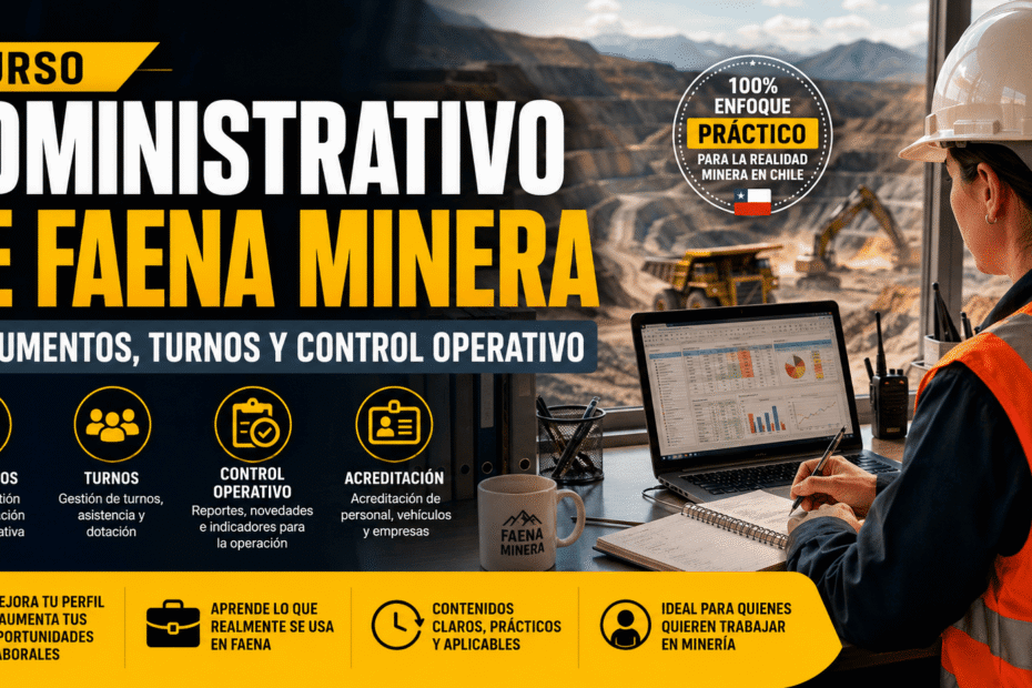 Curso Administrativo de Faena Minera en Chile con trabajadora revisando documentos, turnos y control operativo frente a una faena minera