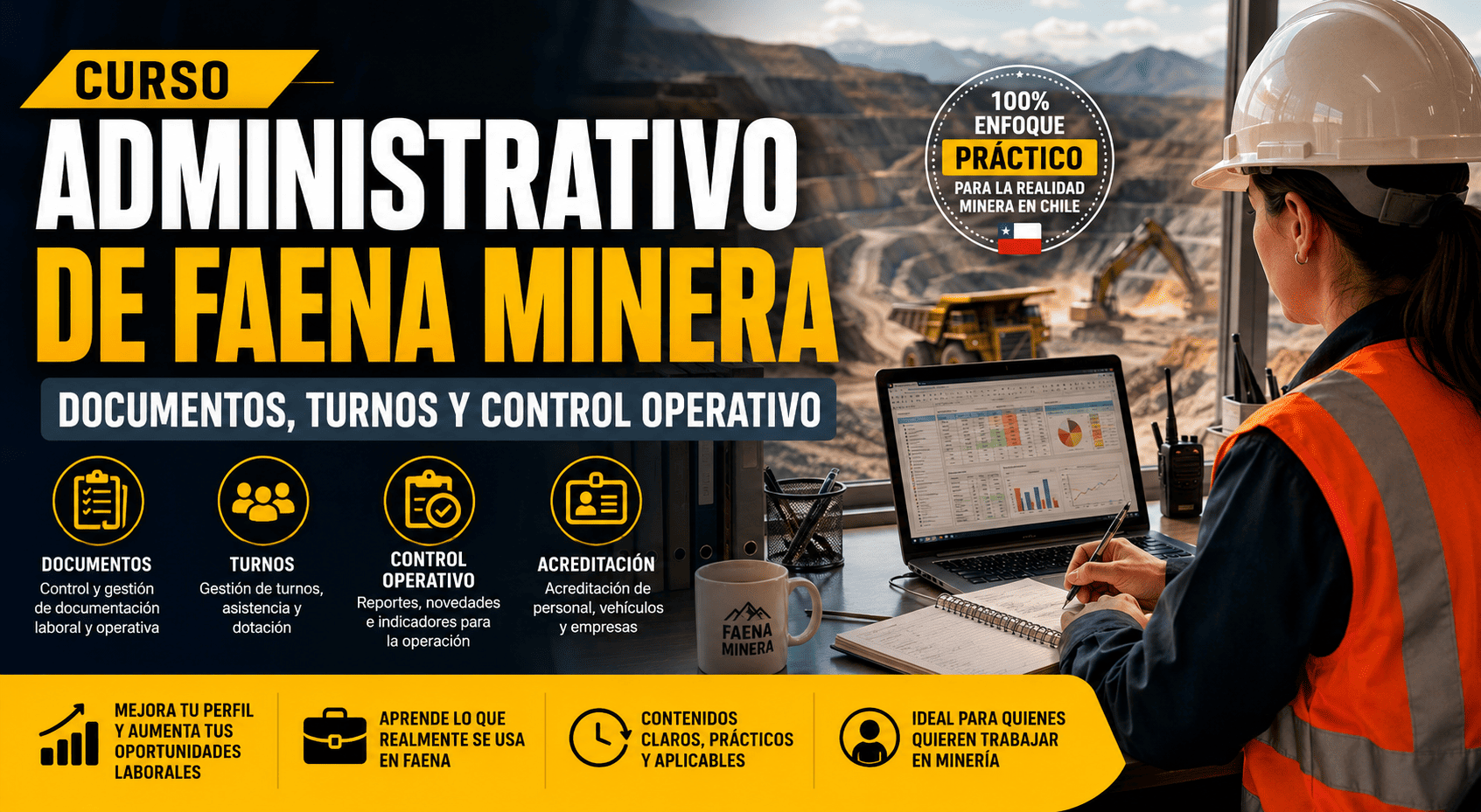 Curso Administrativo de Faena Minera en Chile con trabajadora revisando documentos, turnos y control operativo frente a una faena minera