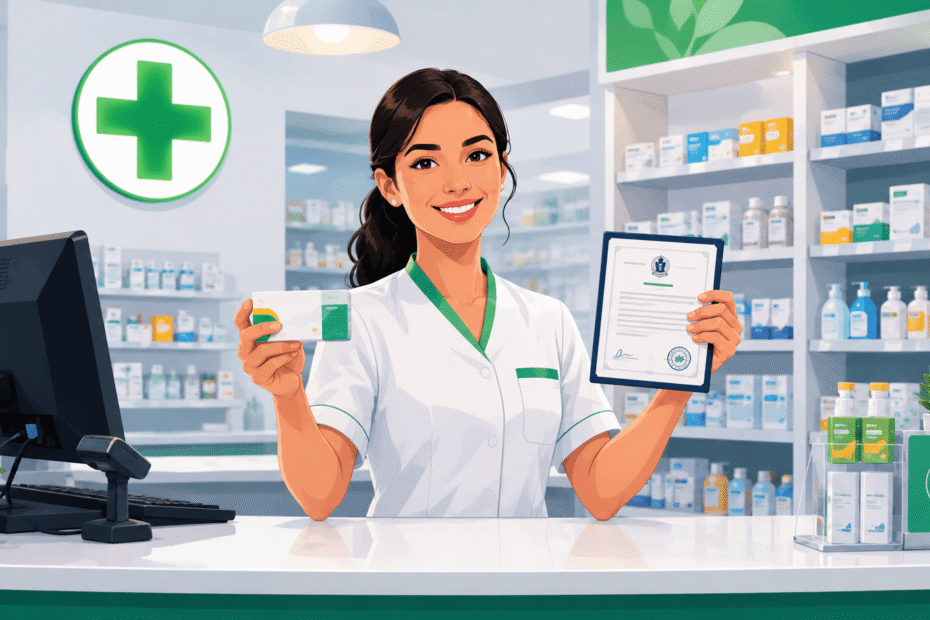 Asistente de farmacia joven mostrando medicamento y diploma en una farmacia moderna de Chile, con estantes ordenados, computador de caja y ambiente profesional sanitario.