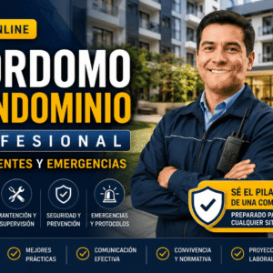 Portada del Curso de Mayordomo de Condominio Profesional con trabajador frente a edificio residencial, bitácora, cámaras de seguridad, emergencias y atención a residentes.