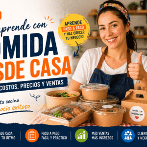 Imagen promocional del Curso Emprende con Comida desde Casa: Vende, Calcula y Crece, con emprendedora preparando comida envasada y mensajes sobre higiene, costos, precios rentables y ventas.