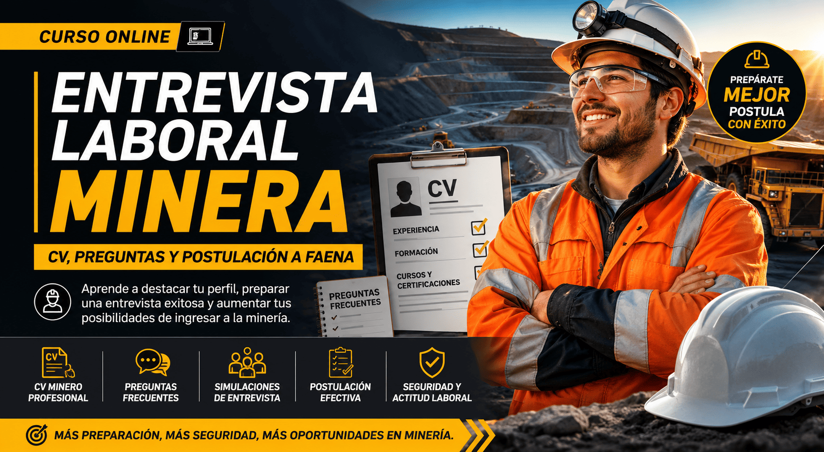 Curso Entrevista Laboral Minera con trabajador en faena, CV minero, preguntas frecuentes y postulación a minería.