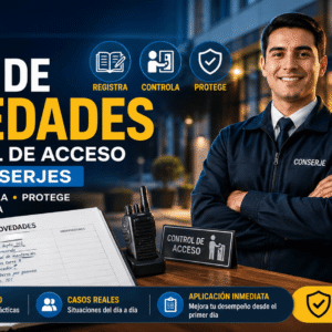 Imagen promocional del Curso Profesional de Libro de Novedades y Control de Acceso para Conserjes, con conserje, cámaras de seguridad, registro de novedades y control de acceso en edificio.