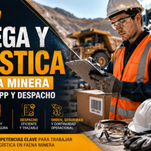 Curso Operador de Bodega y Logística Minera en Faena con trabajador usando casco y EPP, inventario, despacho y control de stock en bodega minera