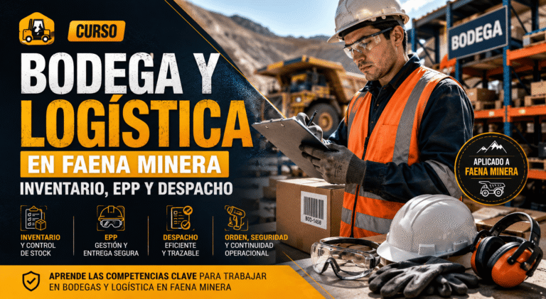 Curso Operador de Bodega y Logística Minera en Faena con trabajador usando casco y EPP, inventario, despacho y control de stock en bodega minera