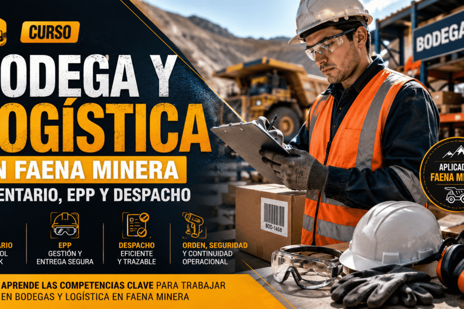Curso Operador de Bodega y Logística Minera en Faena con trabajador usando casco y EPP, inventario, despacho y control de stock en bodega minera