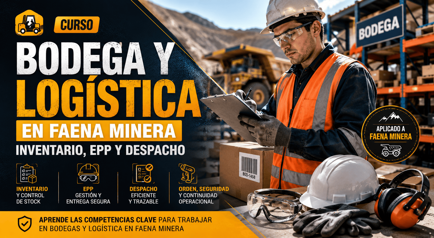 Curso Operador de Bodega y Logística Minera en Faena con trabajador usando casco y EPP, inventario, despacho y control de stock en bodega minera
