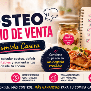 Banner del curso Costeo y Precio de Venta para Comida Casera, con calculadora, receta, ingredientes, costos, gastos, tiempo y ganancia para aprender a definir precios rentables.