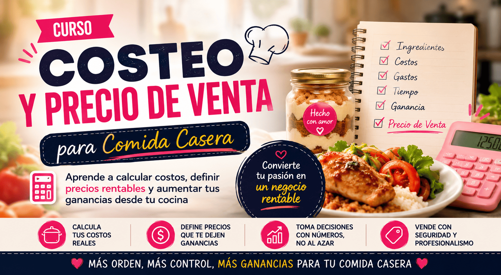 Banner del curso Costeo y Precio de Venta para Comida Casera, con calculadora, receta, ingredientes, costos, gastos, tiempo y ganancia para aprender a definir precios rentables.