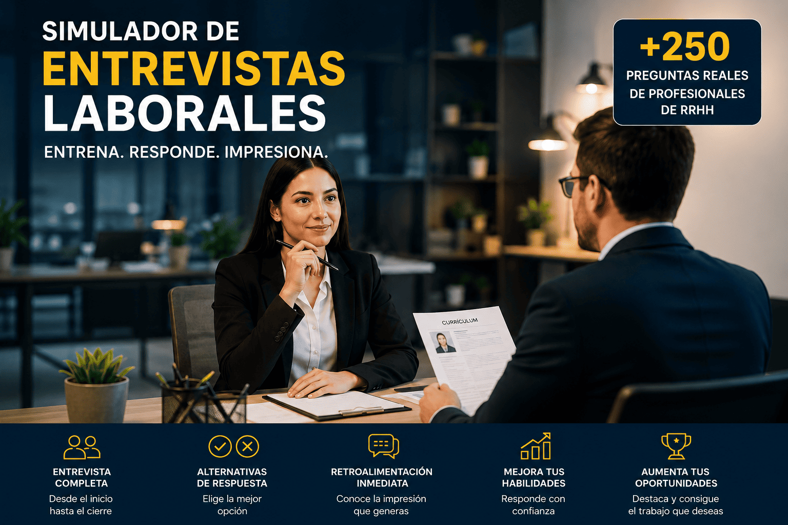 Simulador de Entrevistas Laborales con entrevistadora de Recursos Humanos evaluando a un candidato en una entrevista de trabajo.