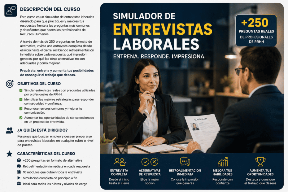Simulador de Entrevistas Laborales con más de 250 preguntas reales para preparar entrevistas de trabajo y mejorar las respuestas frente a Recursos Humanos.
