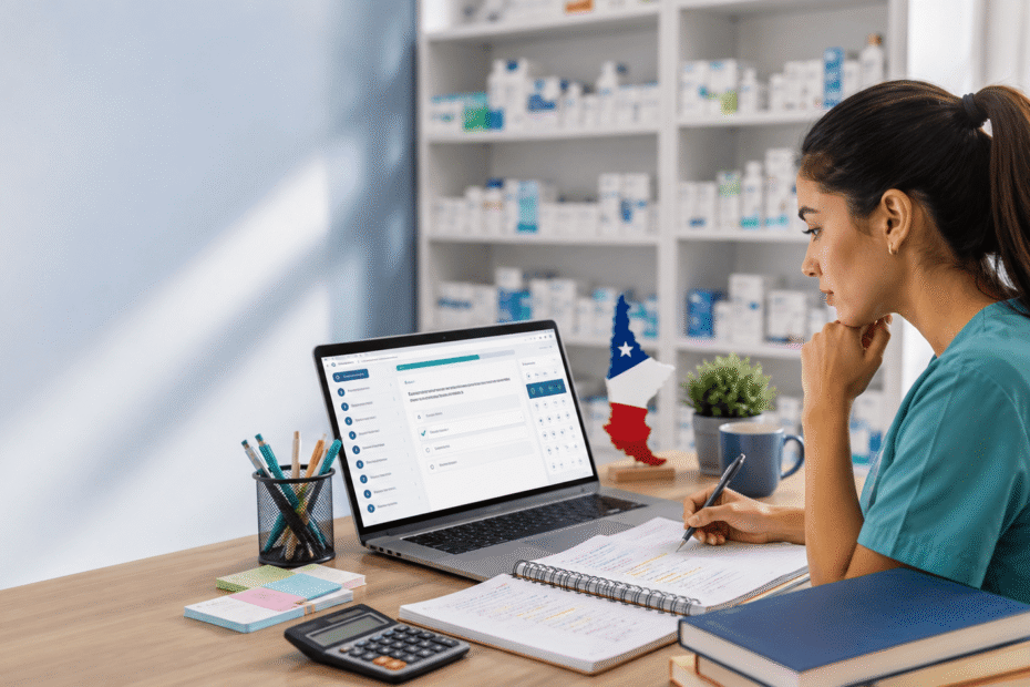 Mujer estudiando online para el examen de Auxiliar de Farmacia en Chile, con materiales de estudio y estanterías de farmacia al fondo.