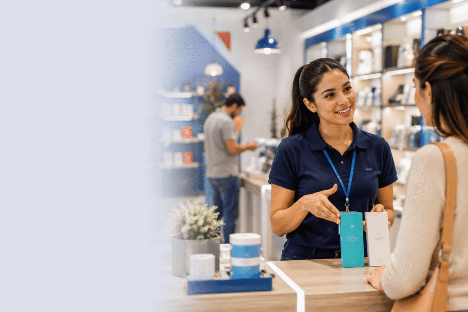 Trabajadora de retail orientando a una clienta y presentando distintas alternativas de producto en una tienda.